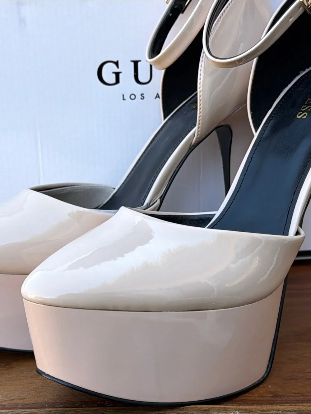 GUESS Nude Patent Platform Ankle-Strap Pump